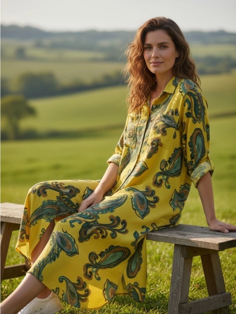 MADE IN ITALY 100% Linen Yellow PASLEY  Button-Down Maxi Dress